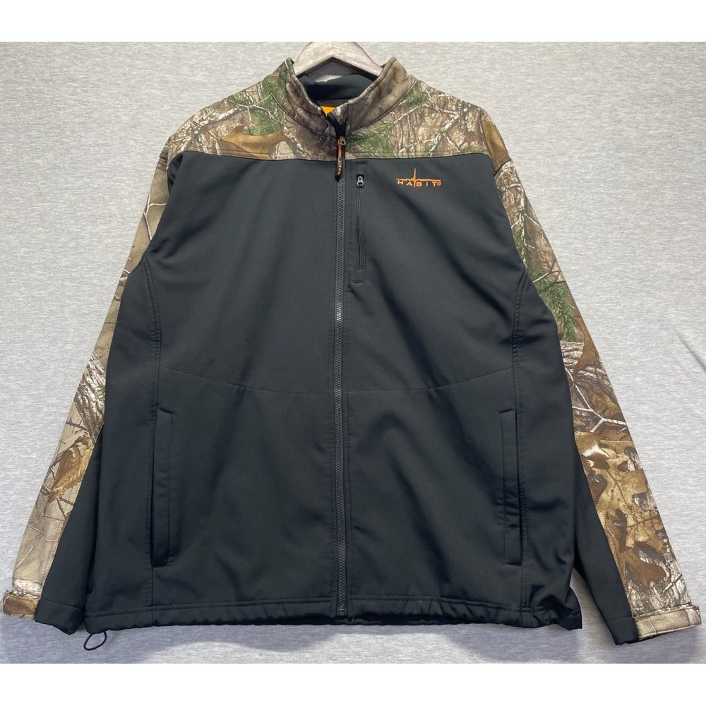 Habit Fleece Jacket Mens XL Black Realtree Camo Drawcord Hem Full Zip Hunting